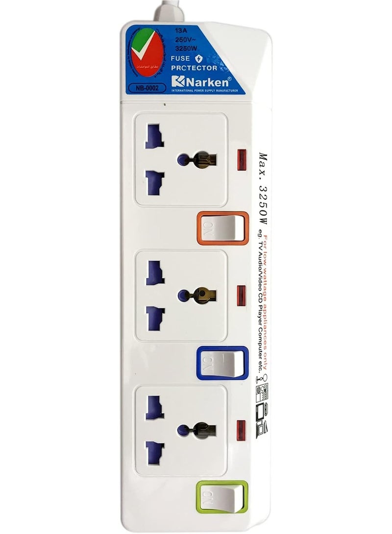 Narken E Series Electric Universal Extension Cord 3 Socket 3 Meter Power Strip wire 13A Fuse surge With Separate Single Switch and Indicate light Max 13A 3250W AC 250V White. - Image 4
